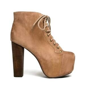 Jeffrey Campbell Lita Platform Heeled Lace Up Booties Apricot Suede Wood 9